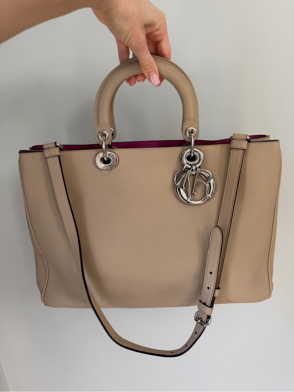 Dior Diorissimo Large Leather Tote in beige with silver hardware